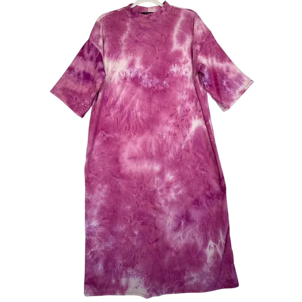 Dressed in Lala Ribbed Ozzy T-Shirt Maxi Dress Women Size S Pink Skies Tie Dye